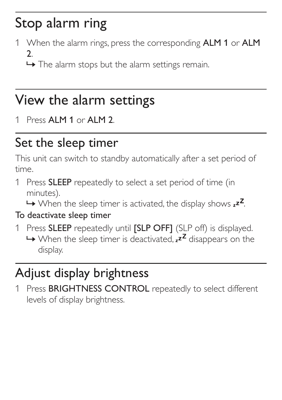 Stop alarm ring, View the alarm settings, Set the sleep timer | Adjust display brightness | Philips DC315/79 User Manual | Page 20 / 26