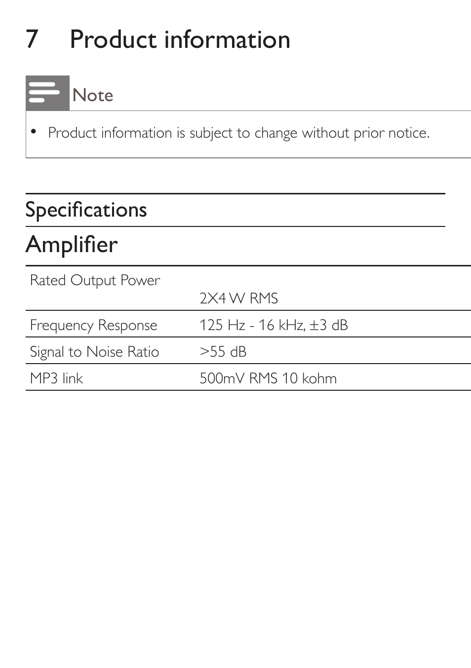 7 product information, Amplifi er, Specifi cations | Philips DC315/79 User Manual | Page 21 / 26