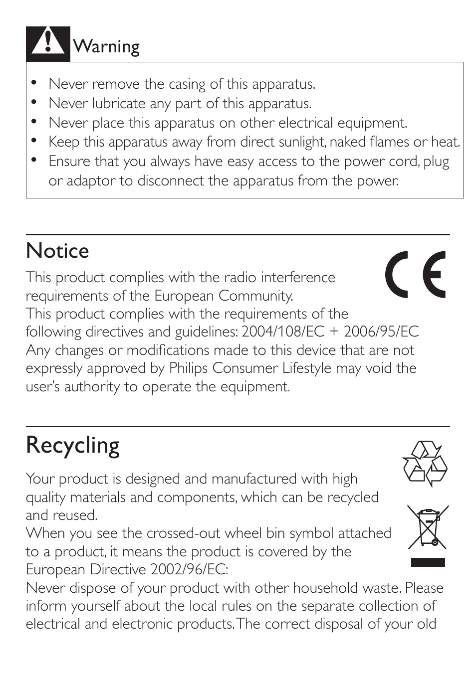 Recycling, Notice | Philips DC315/79 User Manual | Page 5 / 26
