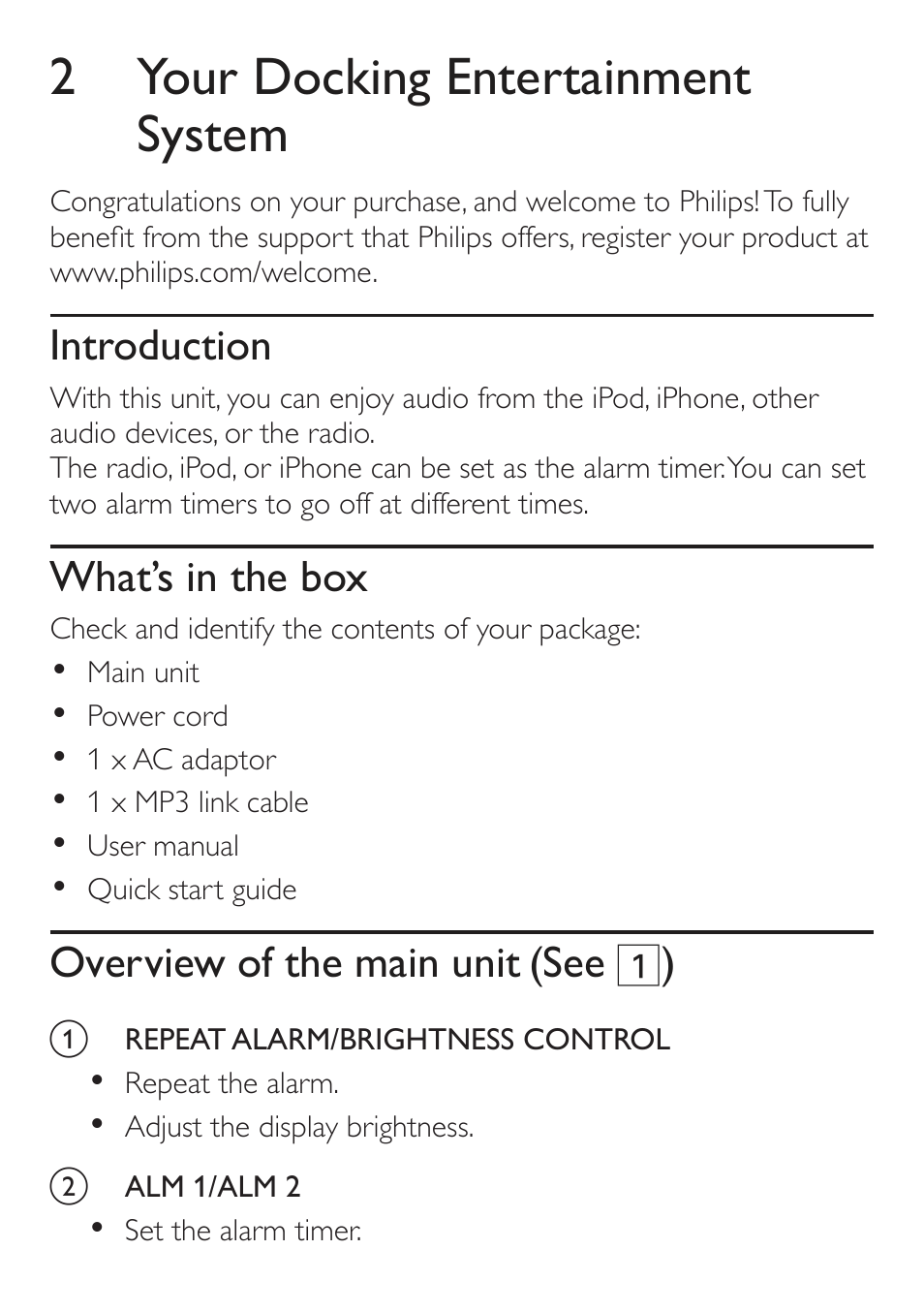 2 your docking entertainment system, Introduction, What’s in the box | Overview of the main unit, See 1) | Philips DC315/79 User Manual | Page 7 / 26