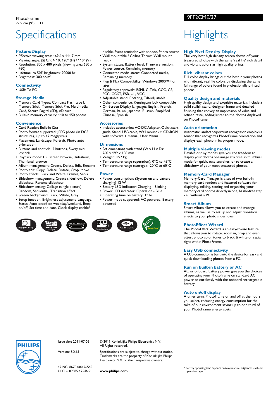 Specifications, Highlights, 9ff2cme/37 | Philips 9FF2CME User Manual | Page 2 / 2
