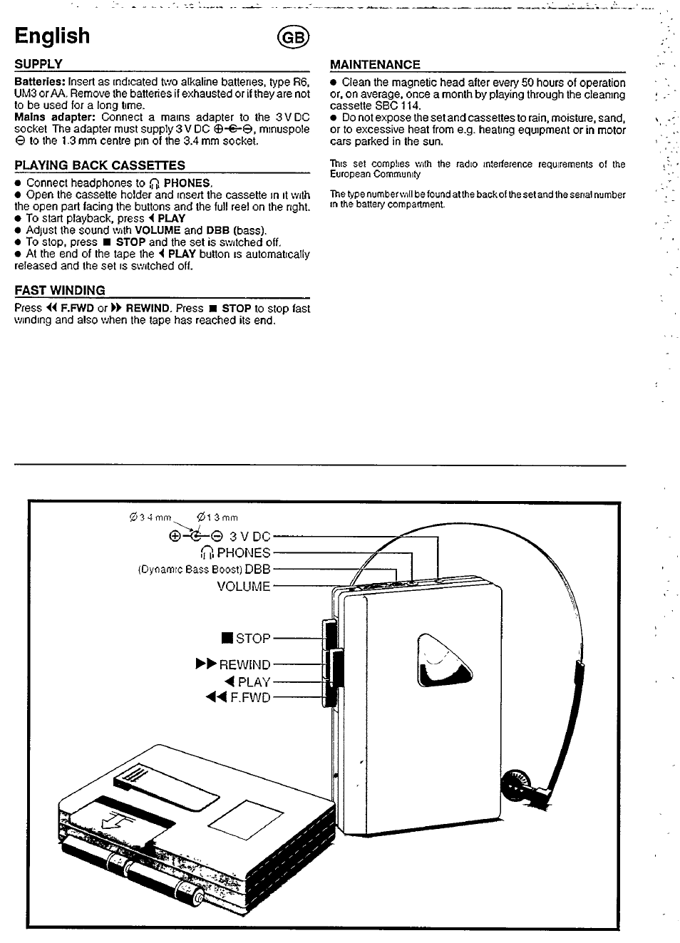 English, Supply, Playing back cassettes | Fast winding | Philips AQ6494 User Manual | Page 4 / 7