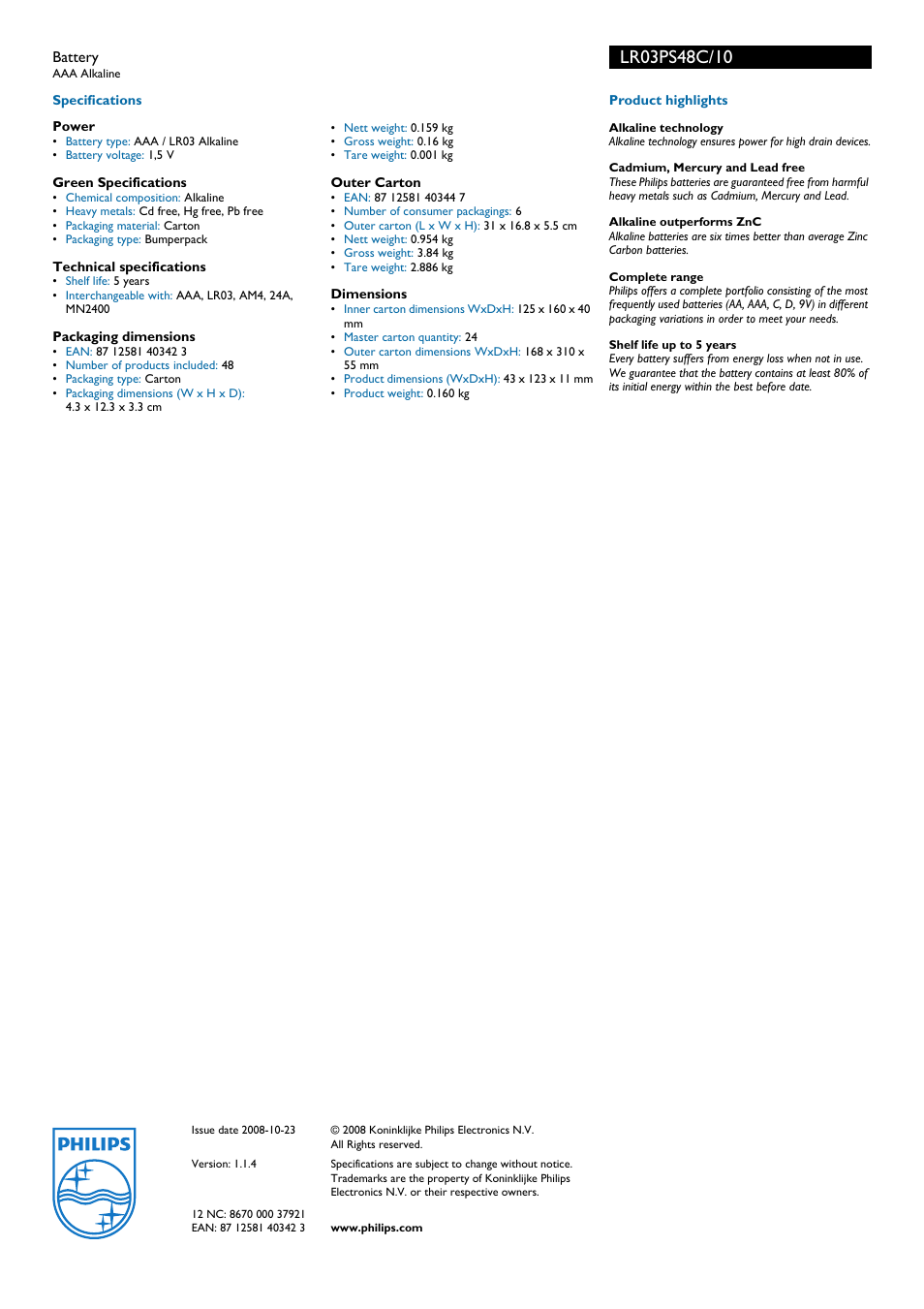 Philips LR03PS48C User Manual | Page 2 / 2