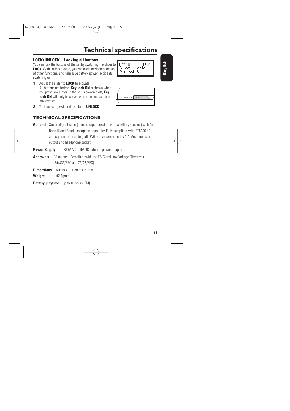 Technical specifications | Philips DA1000 User Manual | Page 19 / 21