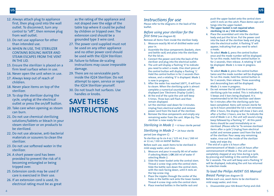 Save these instructions, Instructions for use | Philips AVENT iQ24 User Manual | Page 4 / 11