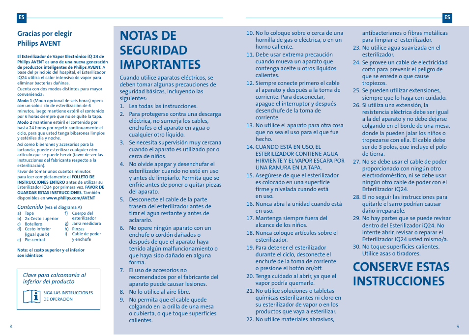 Notas de seguridad importantes, Conserve estas instrucciones | Philips AVENT iQ24 User Manual | Page 6 / 11