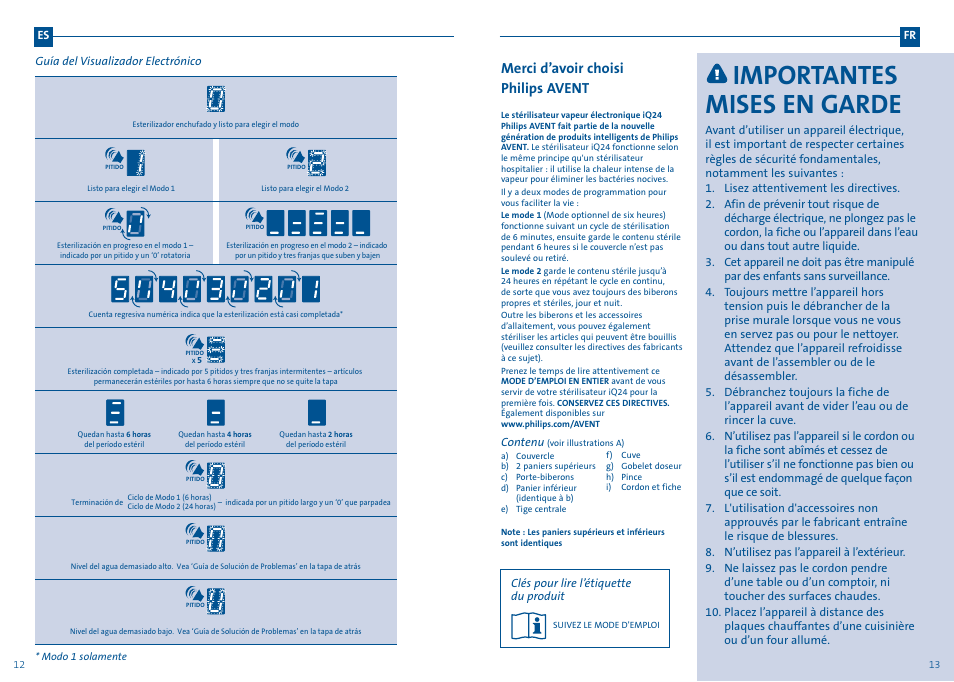 Importantes mises en garde, Merci d’avoir choisi philips avent | Philips AVENT iQ24 User Manual | Page 8 / 11