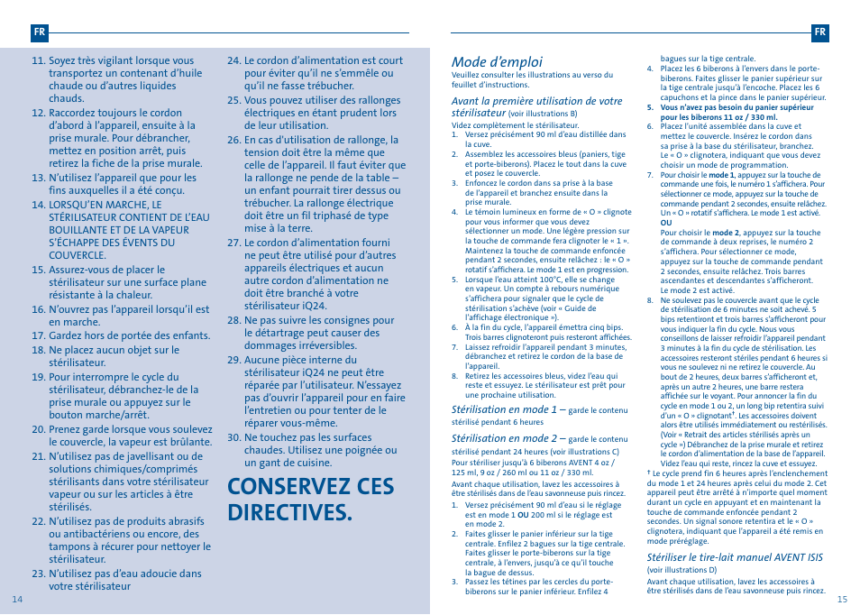 Conservez ces directives, Mode d’emploi | Philips AVENT iQ24 User Manual | Page 9 / 11