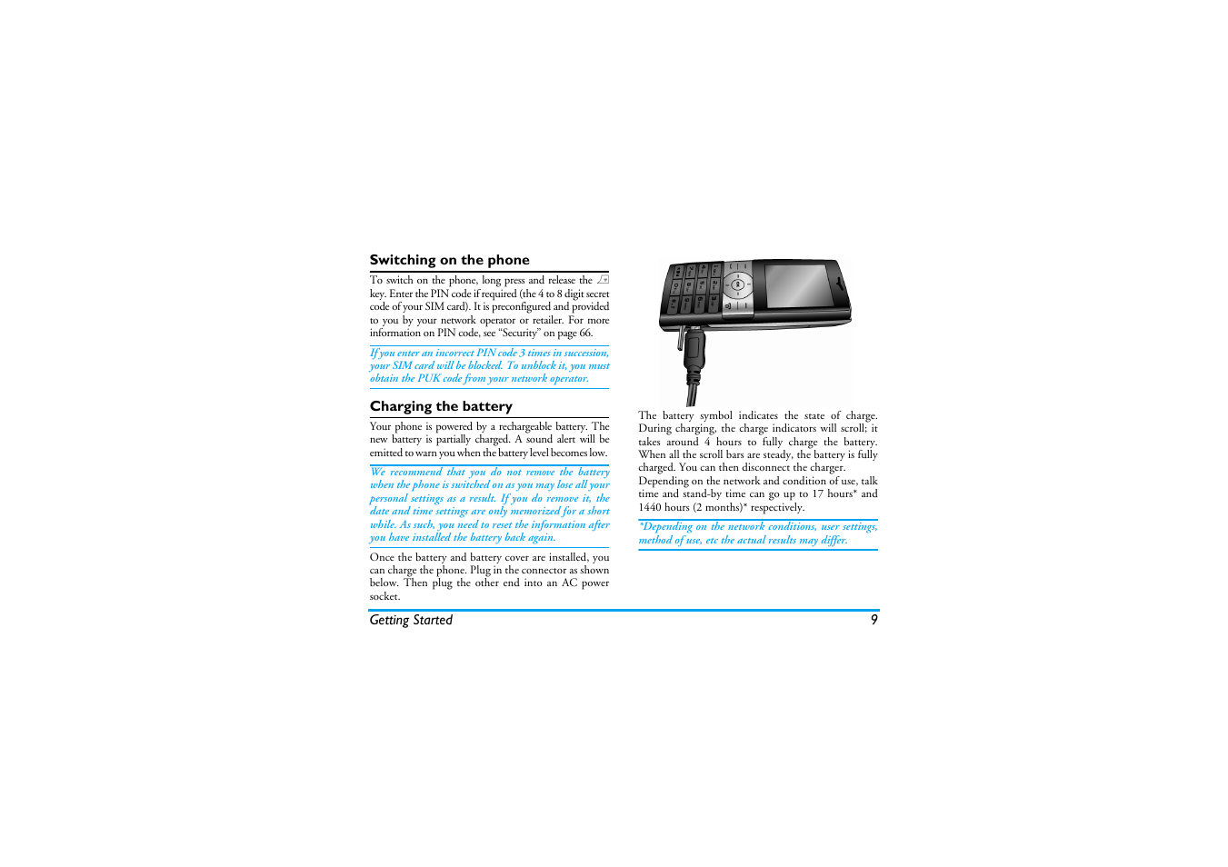 Switching on the phone, Charging the battery | Philips XENIUM 9@9K CT9A9KBRN User Manual | Page 10 / 88