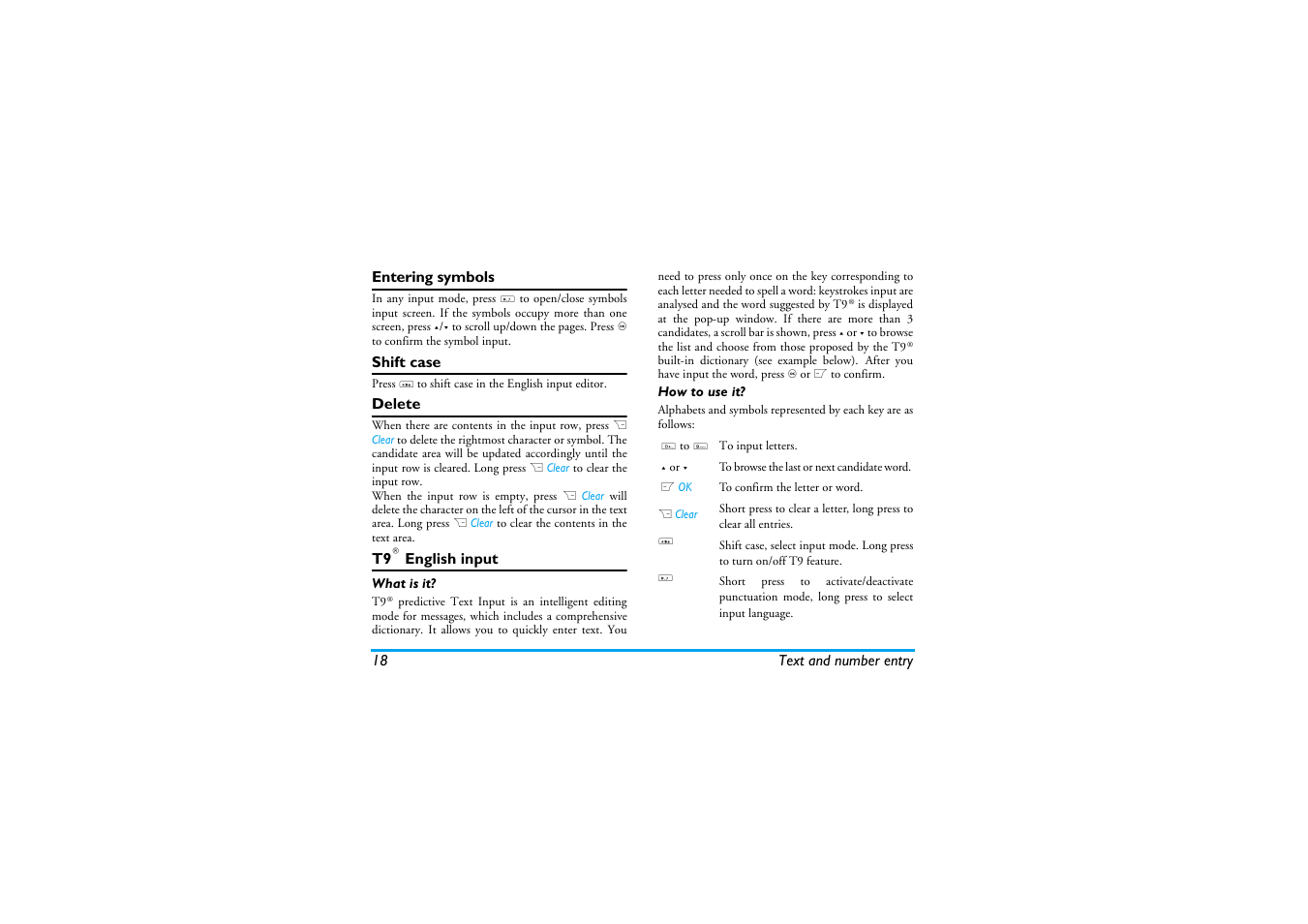 Entering symbols, Shift case, Delete | T9® english input, What is it, How to use it | Philips XENIUM 9@9K CT9A9KBRN User Manual | Page 19 / 88