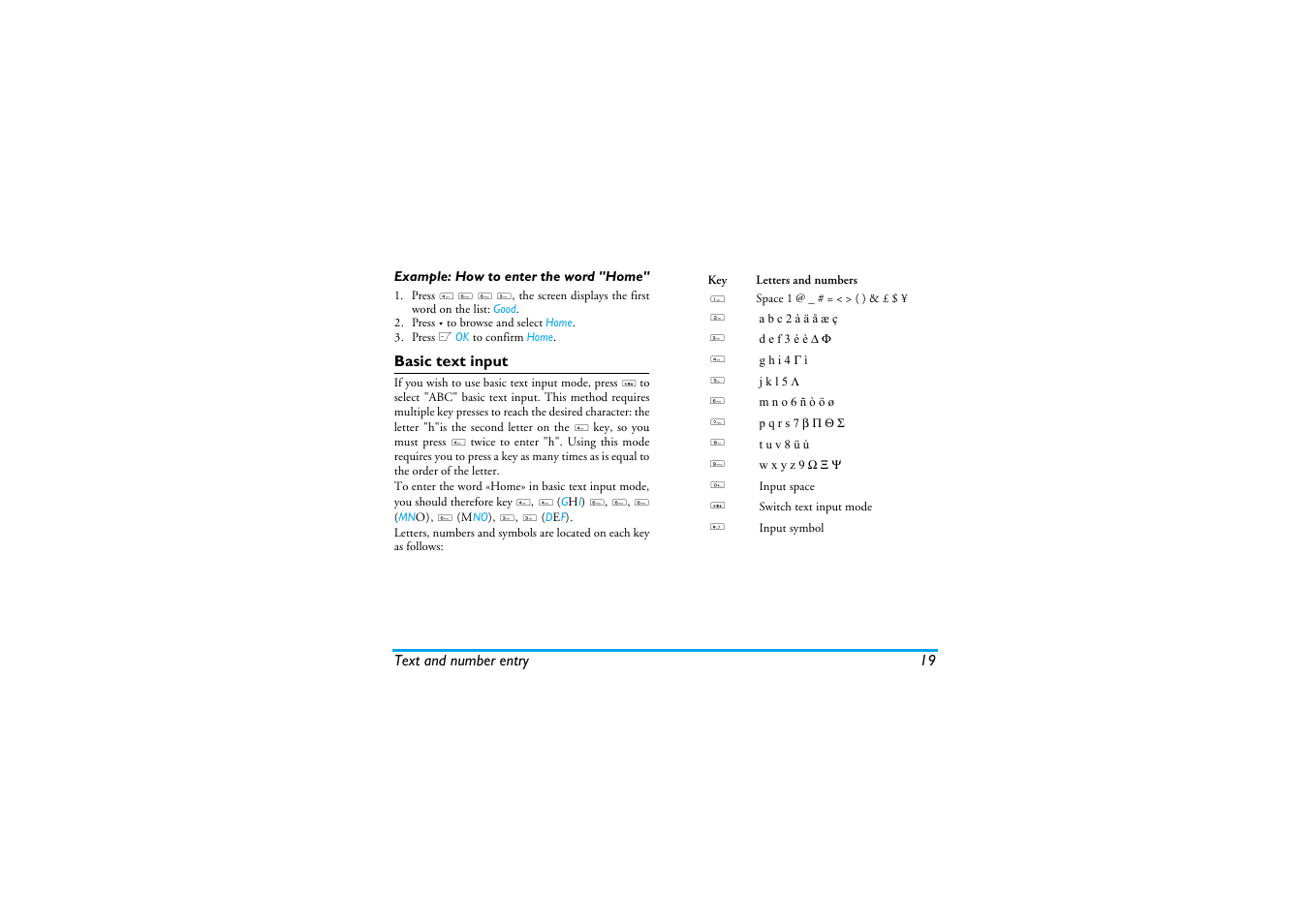 Example: how to enter the word "home, Basic text input | Philips XENIUM 9@9K CT9A9KBRN User Manual | Page 20 / 88