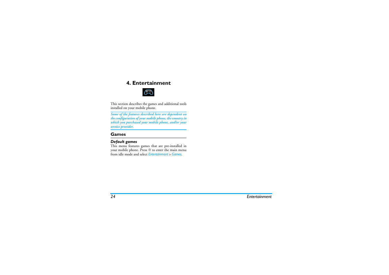 Entertainment, Games, Default games | Philips XENIUM 9@9K CT9A9KBRN User Manual | Page 25 / 88