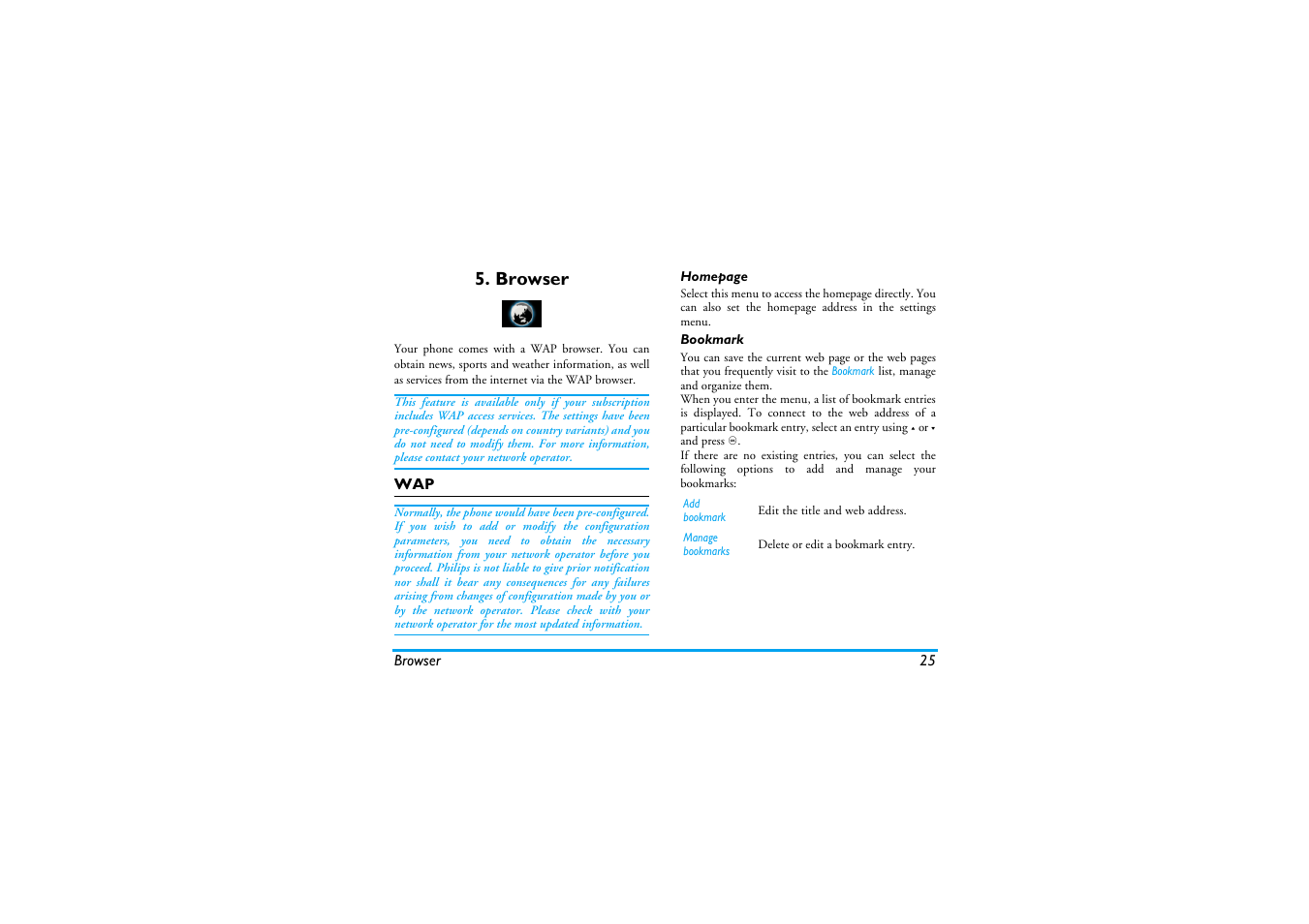 Browser, Bookmark | Philips XENIUM 9@9K CT9A9KBRN User Manual | Page 26 / 88