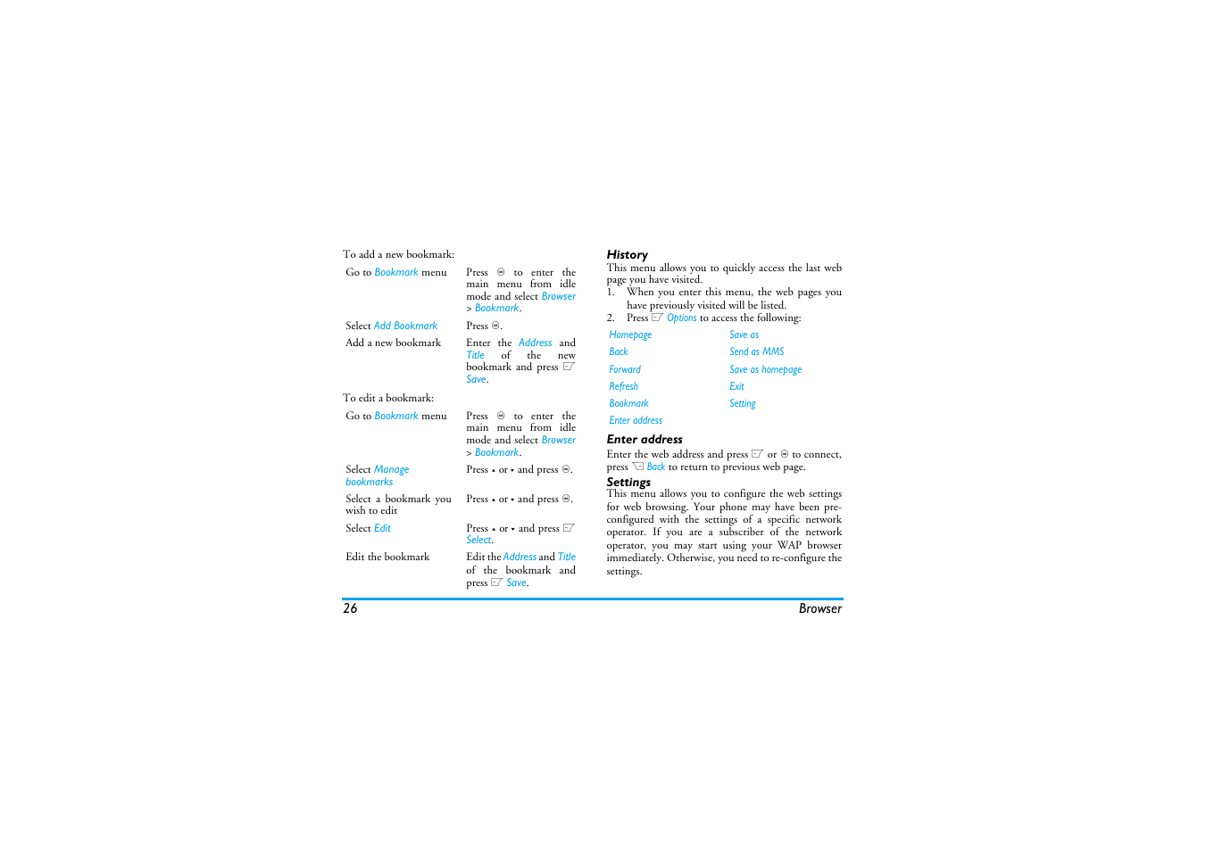 History, Enter address, Settings | Philips XENIUM 9@9K CT9A9KBRN User Manual | Page 27 / 88