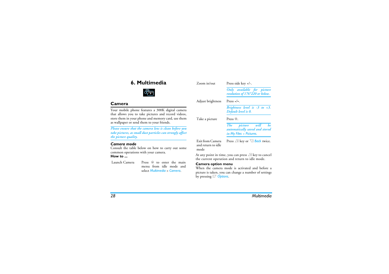 Multimedia, Camera, Camera mode | Philips XENIUM 9@9K CT9A9KBRN User Manual | Page 29 / 88