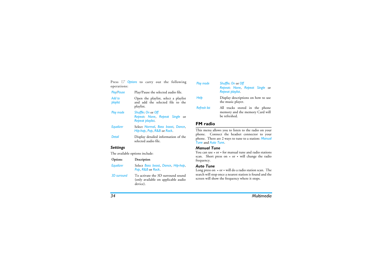 Settings, Fm radio, Manual tune | Auto tune | Philips XENIUM 9@9K CT9A9KBRN User Manual | Page 35 / 88