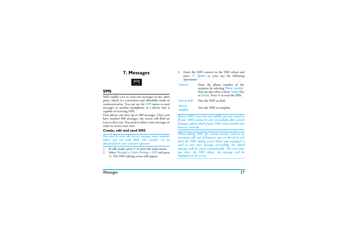 Messages, Create, edit and send sms | Philips XENIUM 9@9K CT9A9KBRN User Manual | Page 38 / 88