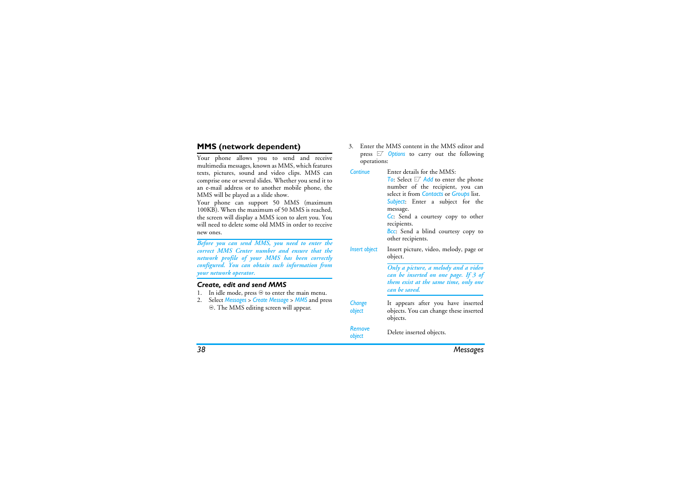 Mms (network dependent), Create, edit and send mms | Philips XENIUM 9@9K CT9A9KBRN User Manual | Page 39 / 88