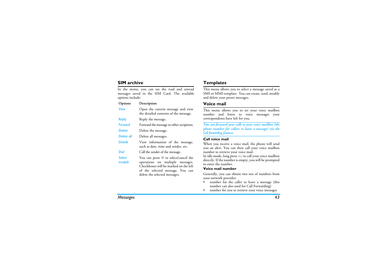 Sim archive, Templates, Voice mail | Philips XENIUM 9@9K CT9A9KBRN User Manual | Page 44 / 88