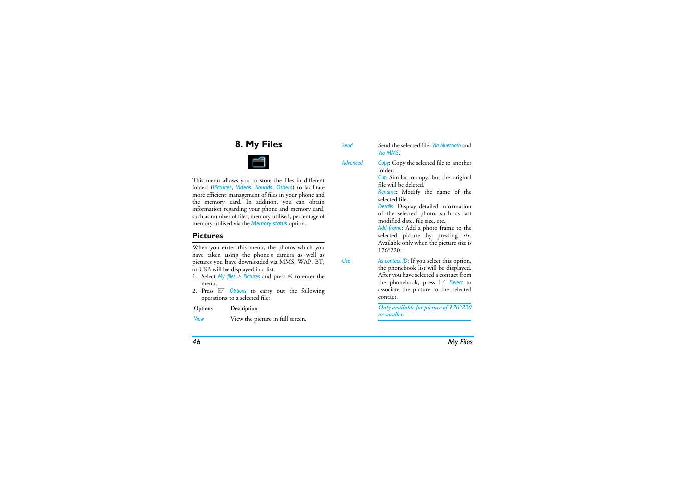 My files, Pictures | Philips XENIUM 9@9K CT9A9KBRN User Manual | Page 47 / 88