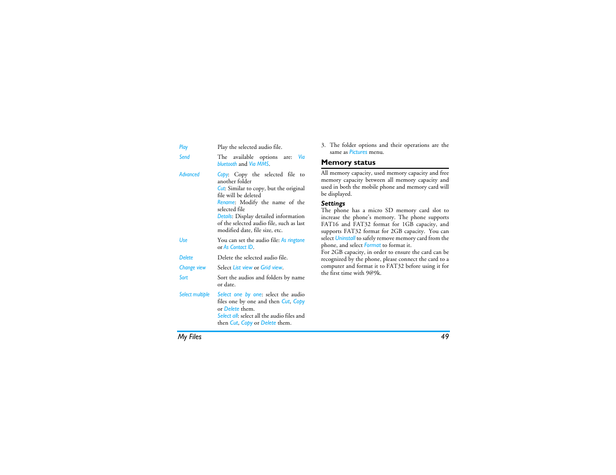 Memory status, Settings | Philips XENIUM 9@9K CT9A9KBRN User Manual | Page 50 / 88