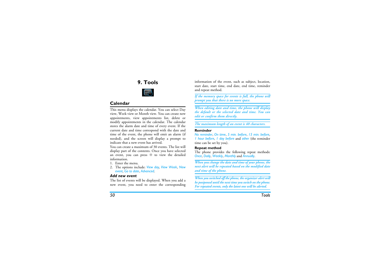 Tools, Calendar, Add new event | Philips XENIUM 9@9K CT9A9KBRN User Manual | Page 51 / 88