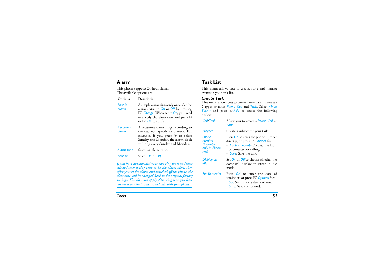 Alarm, Task list, Create task | Philips XENIUM 9@9K CT9A9KBRN User Manual | Page 52 / 88