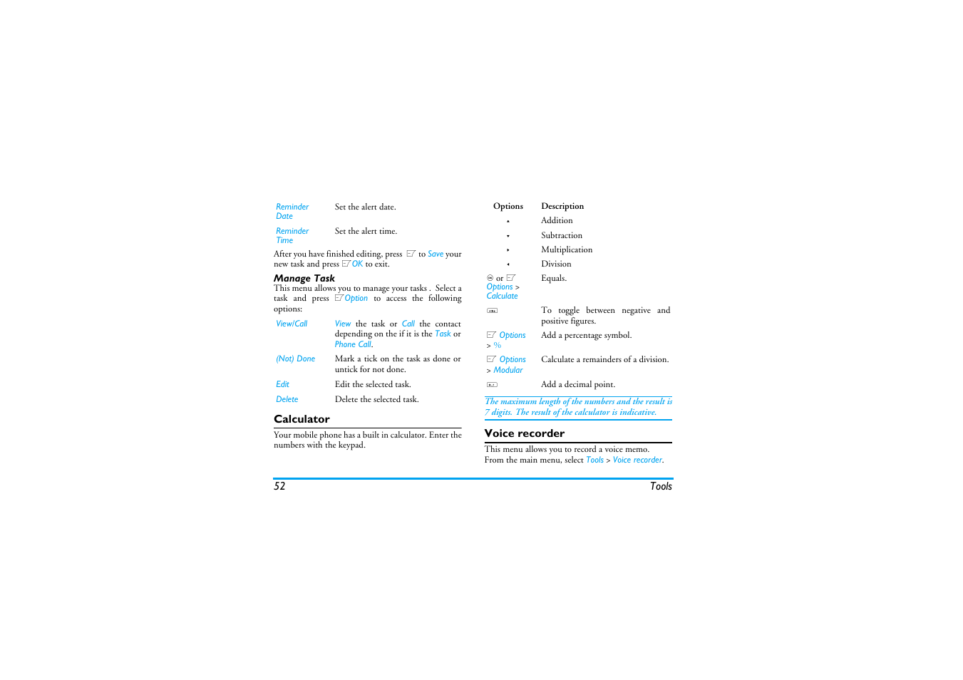 Manage task, Calculator, Voice recorder | Philips XENIUM 9@9K CT9A9KBRN User Manual | Page 53 / 88
