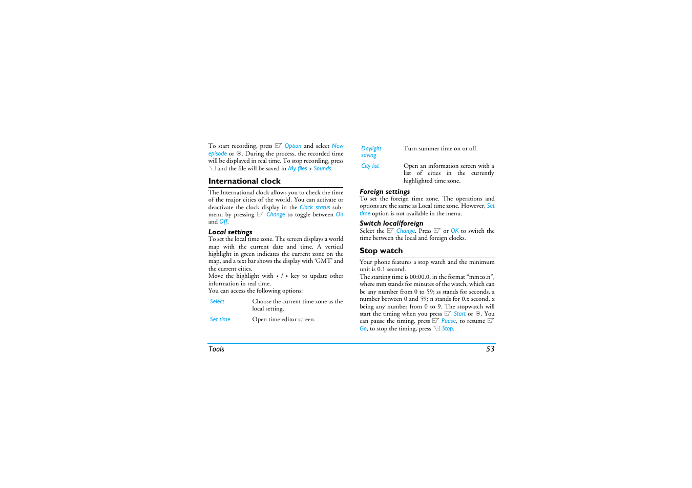 International clock, Local settings, Foreign settings | Switch local/foreign, Stop watch | Philips XENIUM 9@9K CT9A9KBRN User Manual | Page 54 / 88