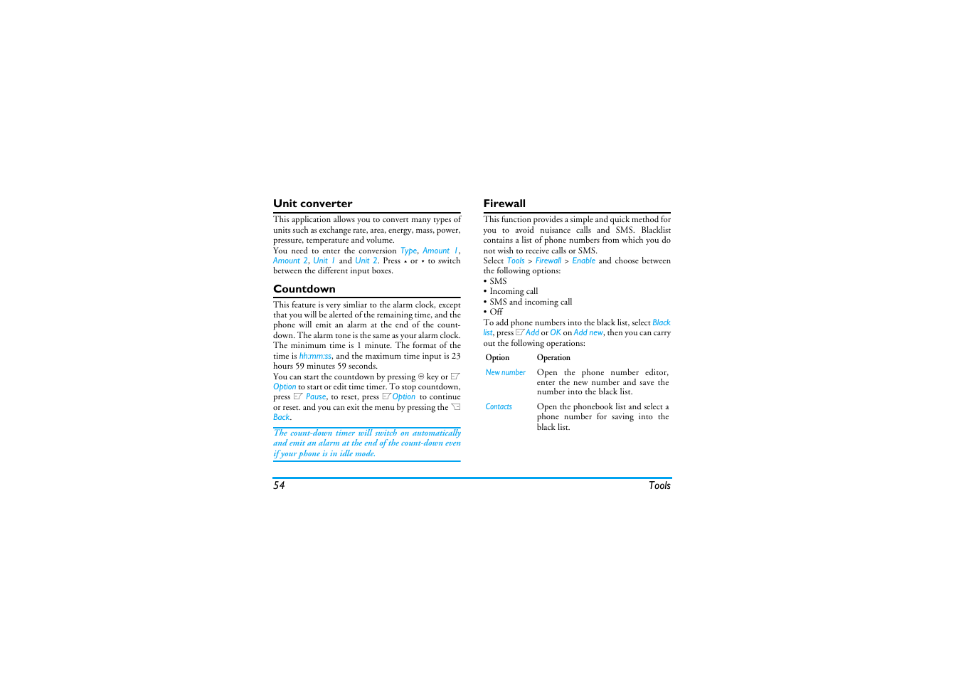 Unit converter, Countdown, Firewall | Philips XENIUM 9@9K CT9A9KBRN User Manual | Page 55 / 88