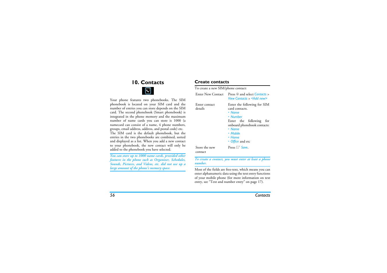 Contacts, Create contacts | Philips XENIUM 9@9K CT9A9KBRN User Manual | Page 57 / 88