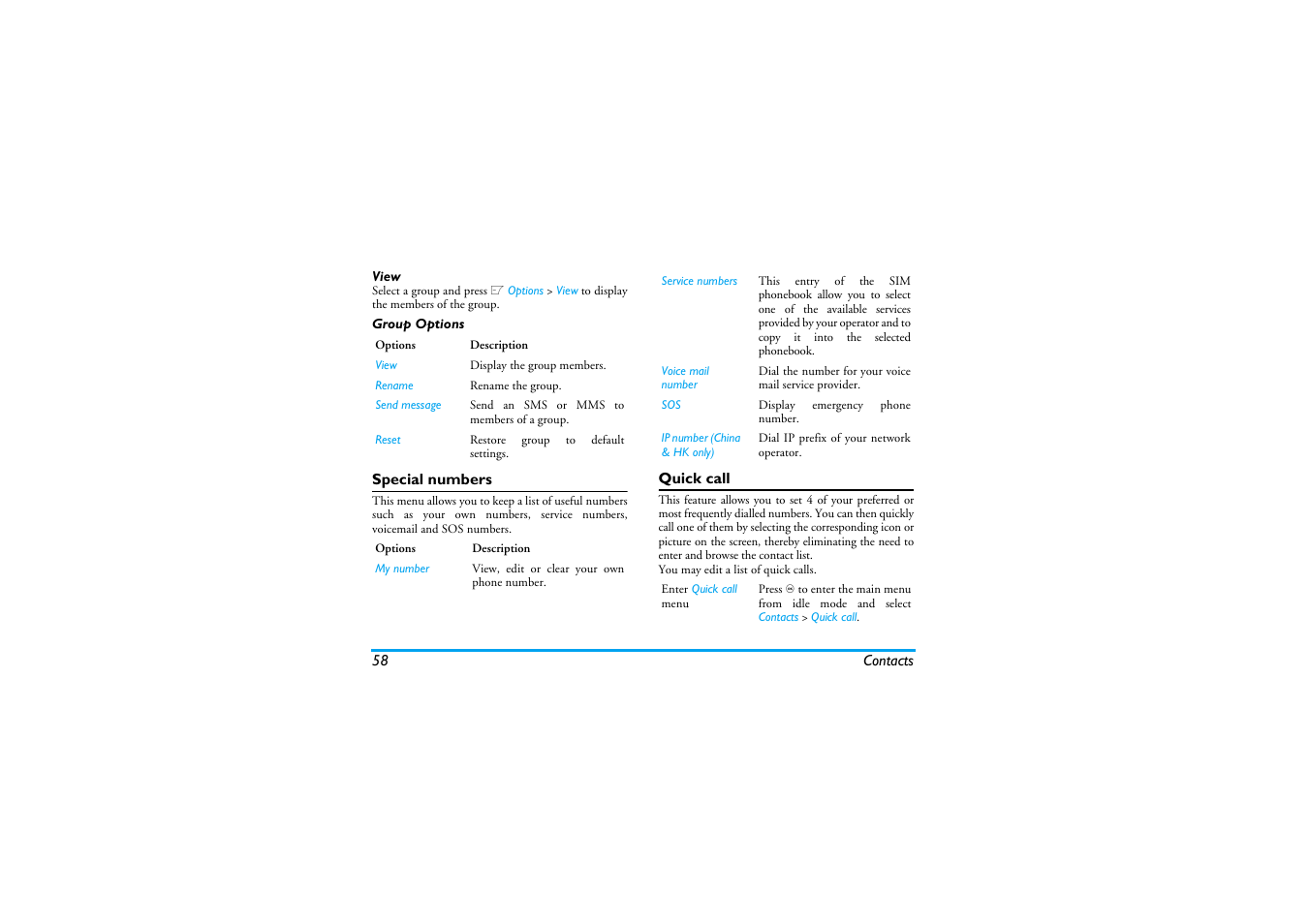 View, Group options, Special numbers | Quick call | Philips XENIUM 9@9K CT9A9KBRN User Manual | Page 59 / 88