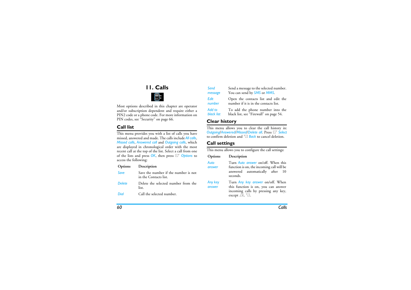 Calls, Call list, Clear history | Call settings | Philips XENIUM 9@9K CT9A9KBRN User Manual | Page 61 / 88