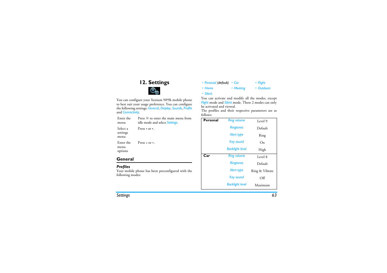 Settings, General, Profiles | Philips XENIUM 9@9K CT9A9KBRN User Manual | Page 64 / 88