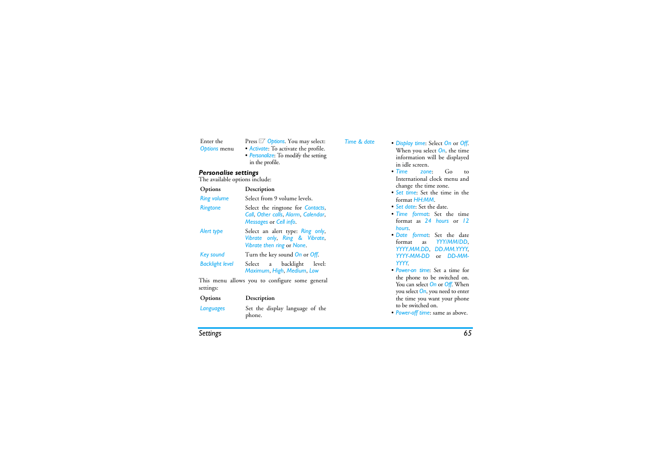 Personalise settings | Philips XENIUM 9@9K CT9A9KBRN User Manual | Page 66 / 88