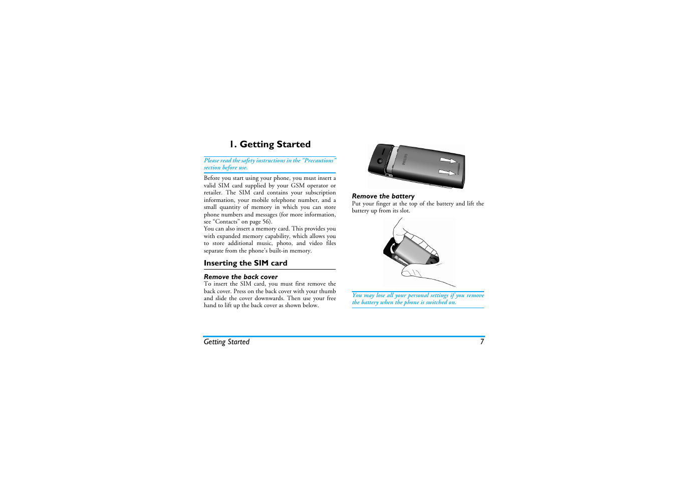 Getting started, Inserting the sim card, Remove the back cover | Remove the battery | Philips XENIUM 9@9K CT9A9KBRN User Manual | Page 8 / 88
