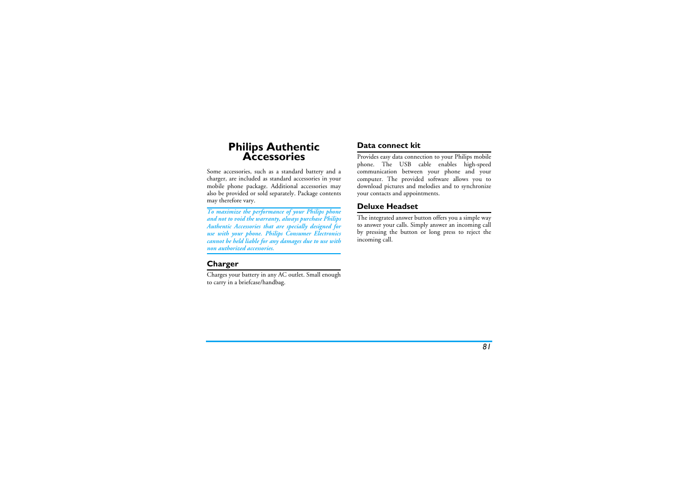 Philips authentic accessories | Philips XENIUM 9@9K CT9A9KBRN User Manual | Page 82 / 88