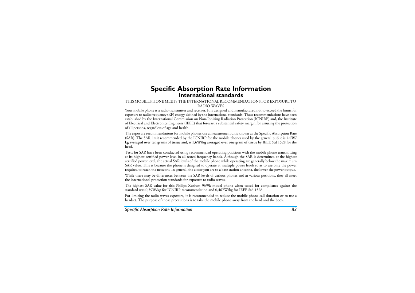Specific absorption rate information | Philips XENIUM 9@9K CT9A9KBRN User Manual | Page 84 / 88