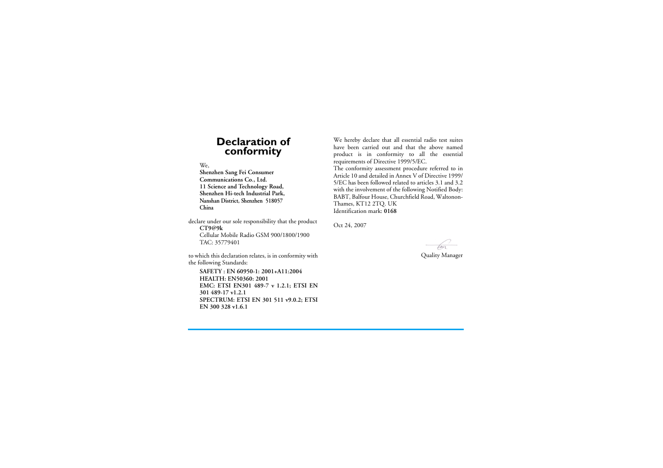 Declaration of conformity | Philips XENIUM 9@9K CT9A9KBRN User Manual | Page 88 / 88
