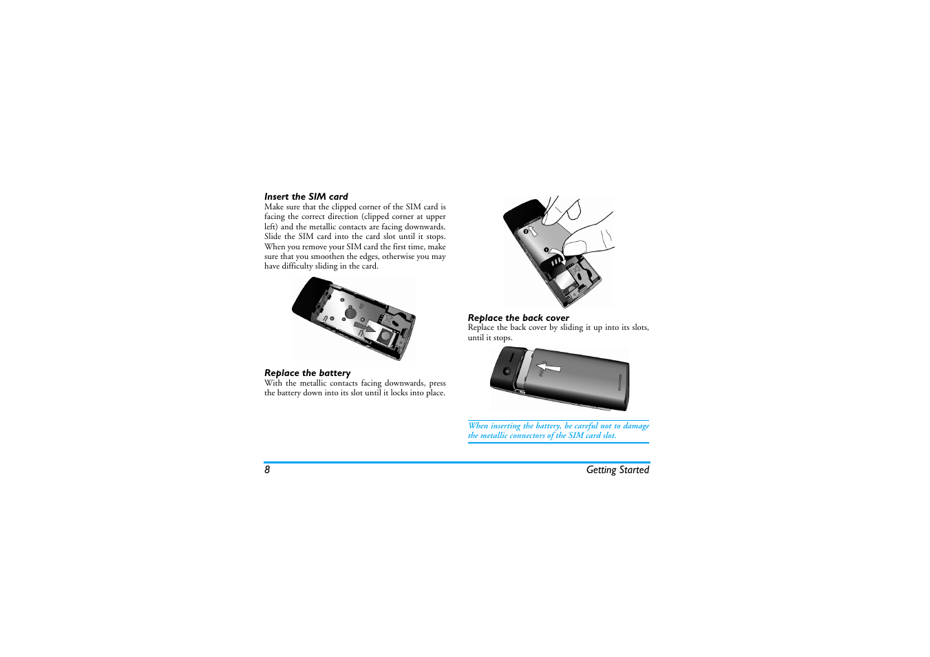 Insert the sim card, Replace the battery, Replace the back cover | Philips XENIUM 9@9K CT9A9KBRN User Manual | Page 9 / 88
