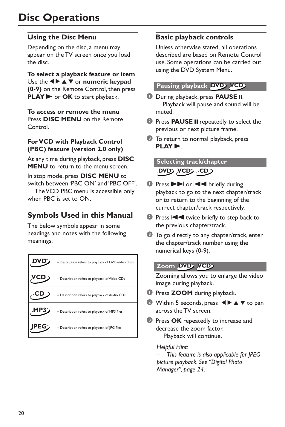 Disc operations, Symbols used in this manual | Philips DVD760 User Manual | Page 20 / 42