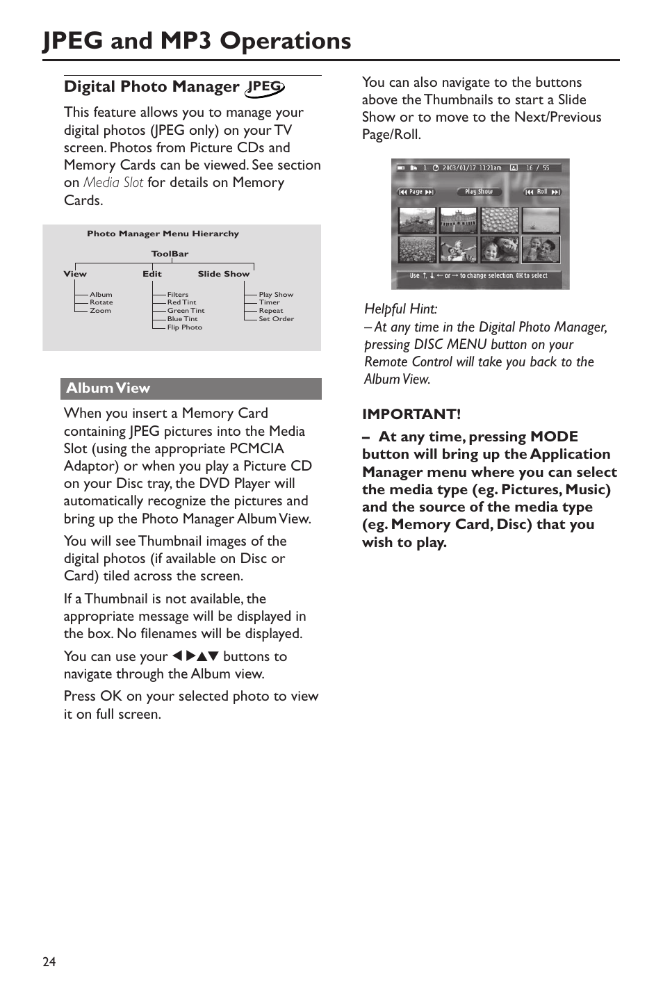 Jpeg and mp3 operations, Digital photo manager, Jpeg | Philips DVD760 User Manual | Page 24 / 42