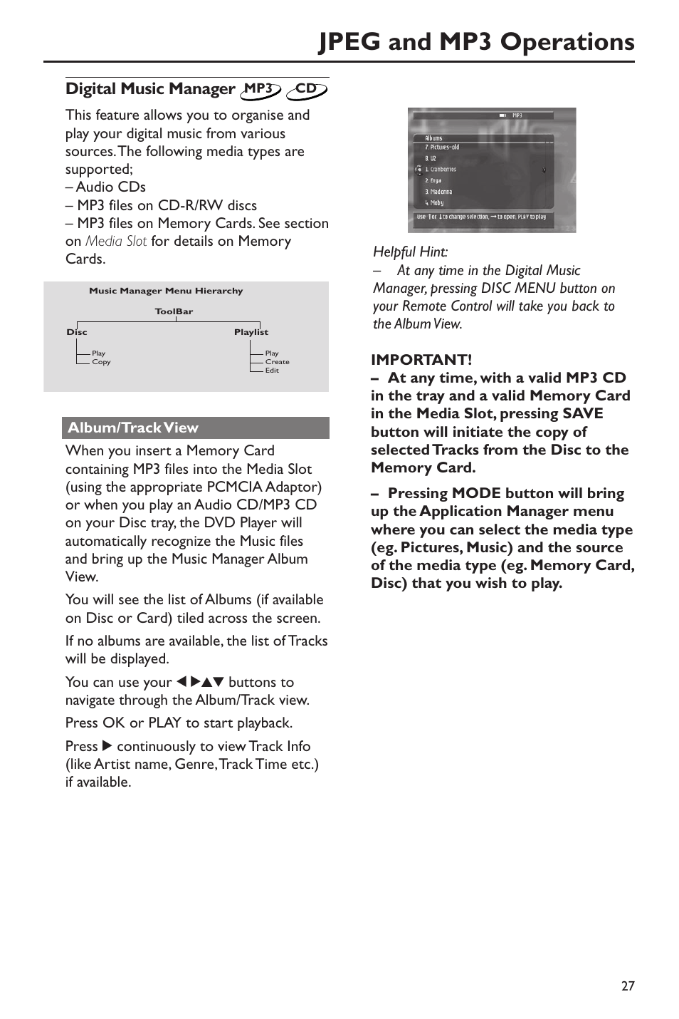 Jpeg and mp3 operations, Digital music manager | Philips DVD760 User Manual | Page 27 / 42