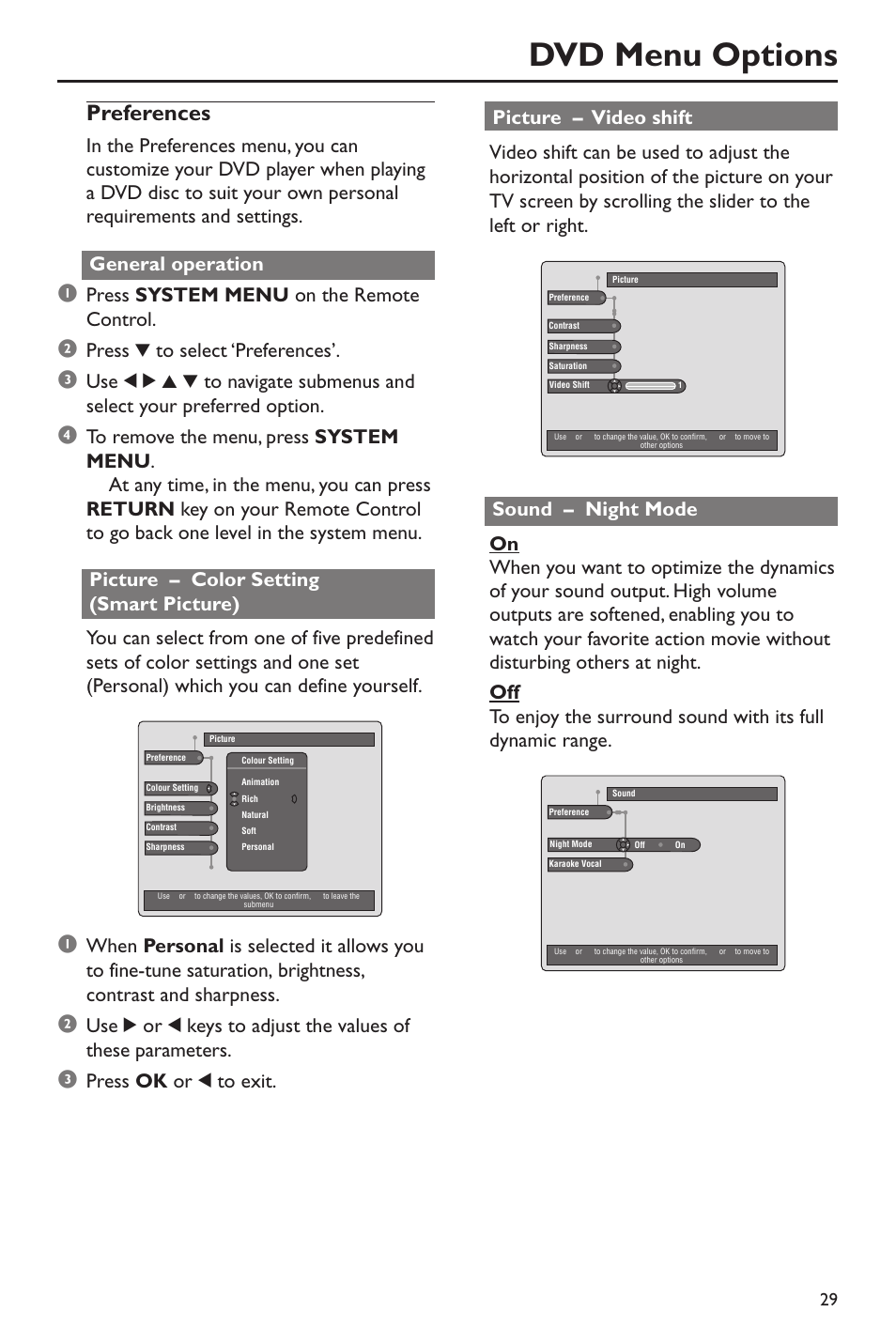 Dvd menu options, Preferences, Press system menu on the remote control | Press 4 to select ‘preferences, Press ok or 1 to exit | Philips DVD760 User Manual | Page 29 / 42