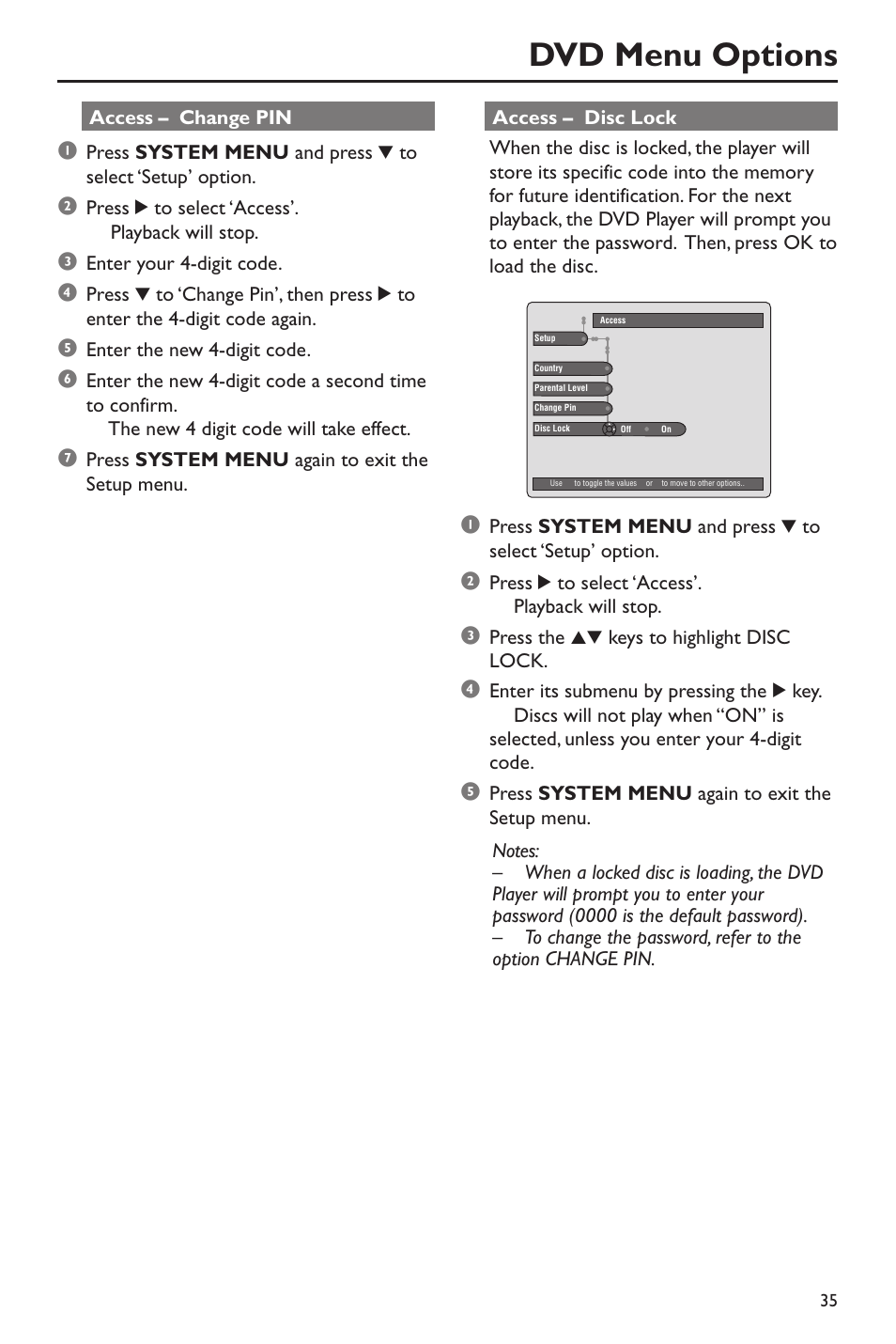 Dvd menu options | Philips DVD760 User Manual | Page 35 / 42