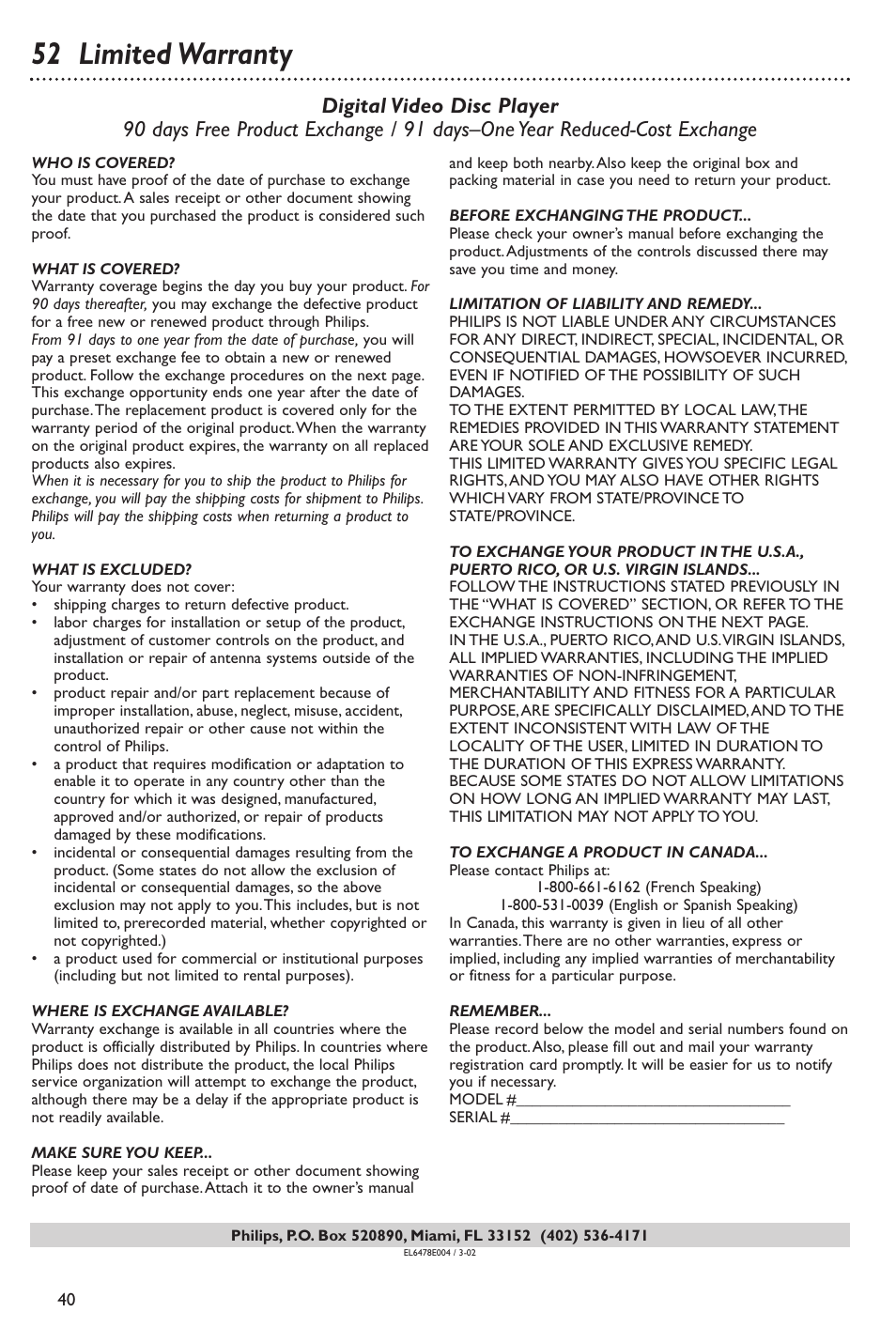 52 limited warranty | Philips DVD760 User Manual | Page 40 / 42