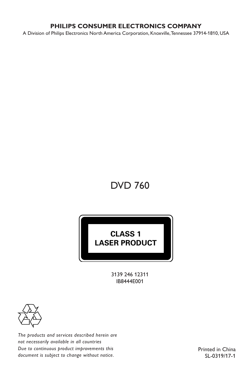 Dvd 760, Class 1 laser product | Philips DVD760 User Manual | Page 42 / 42