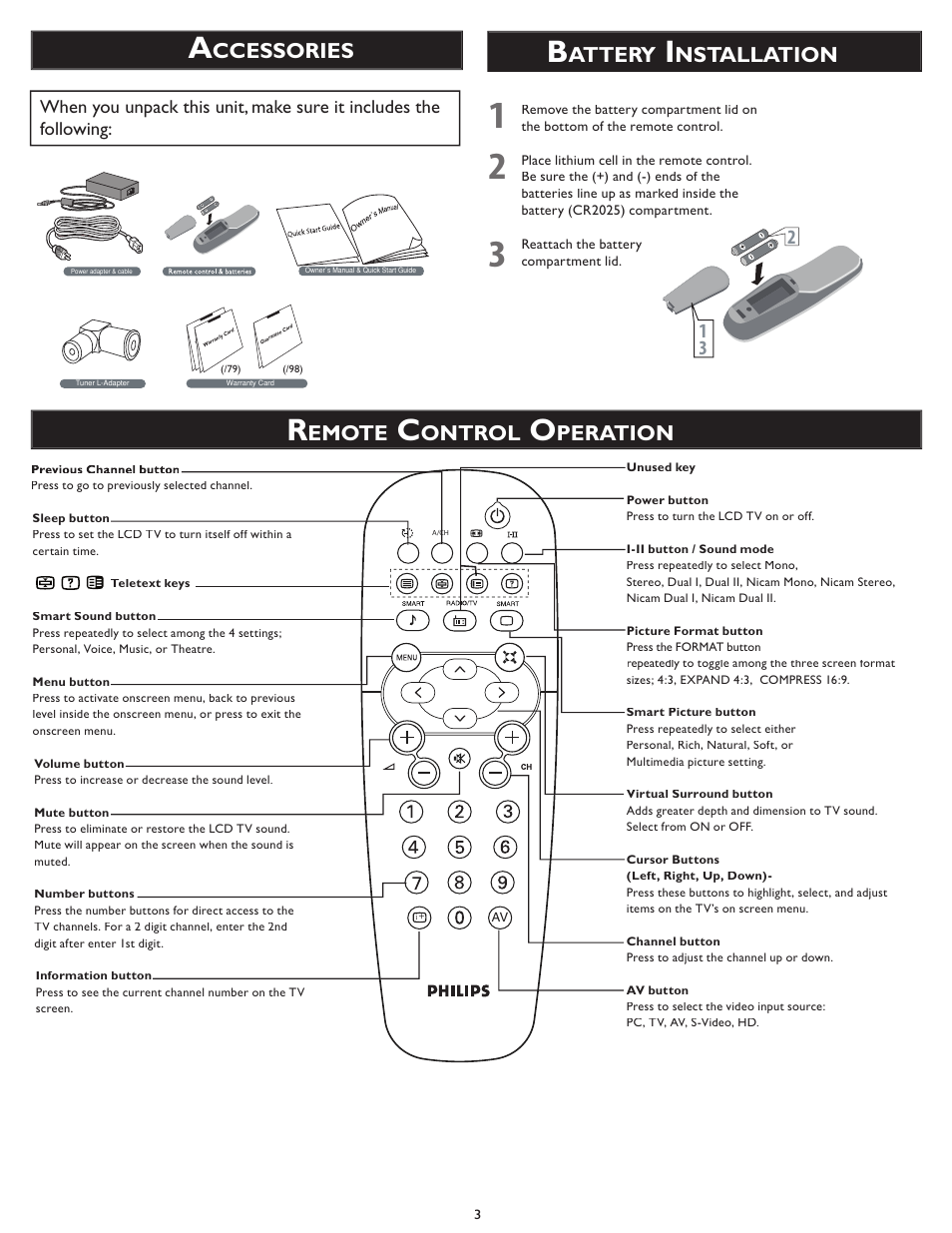 Attery, Nstallation, Emote | Ontrol, Peration, Ccessories | Philips Wall Mounting User Manual | Page 3 / 8