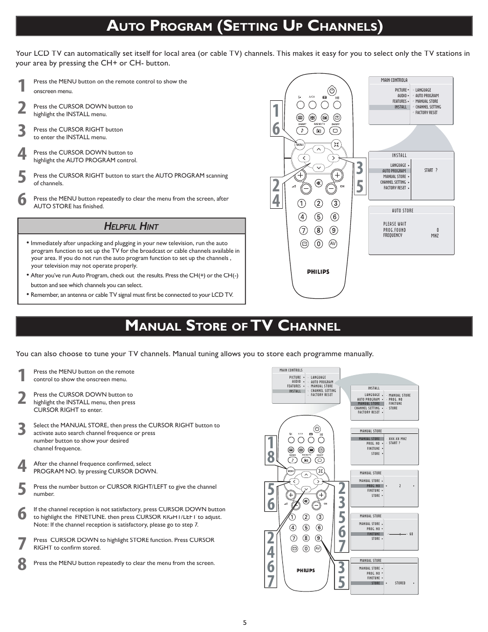 Tv c, Rogram, Etting | Hannels, Anual, Tore, Hannel | Philips Wall Mounting User Manual | Page 5 / 8