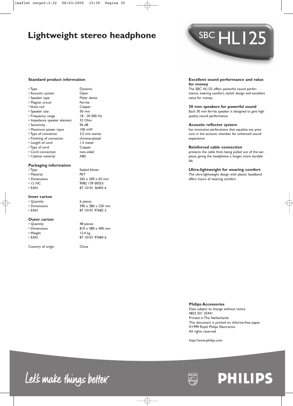 Hl125, Lightweight stereo headphone | Philips HL125 User Manual | Page 2 / 2